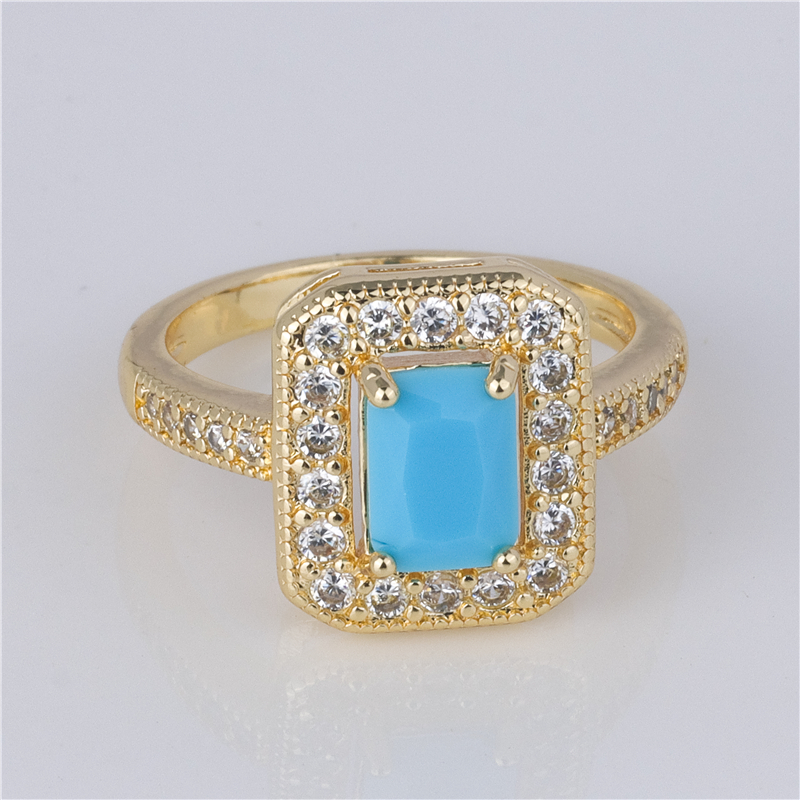 Gold-Plated Turquoise Radiant Ring - Blue Stone with Pavé Halo & Detail Band, Desert Sky Jewelry Gold-Plated Turquoise Radiant Ring - Blue Stone with Pavé Halo & Detail Band, Desert Sky Jewelry
