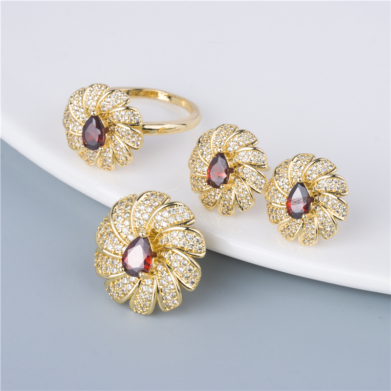 Gold-Plated Ruby Red Flower Jewelry Set - Crystal Petal Ring & Earrings, Festive Gift Set for Women Gold-Plated Ruby Red Flower Jewelry Set - Crystal Petal Ring & Earrings, Festive Gift Set for Women