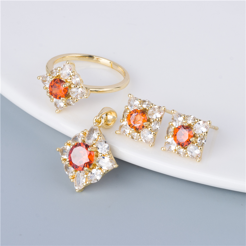 Gold-Plated Coral Blossom Jewelry Set - Orange Red Crystal Ring & Earrings, Warm Sunset Set for Women Gold-Plated Coral Blossom Jewelry Set - Orange Red Crystal Ring & Earrings, Warm Sunset Set for Women