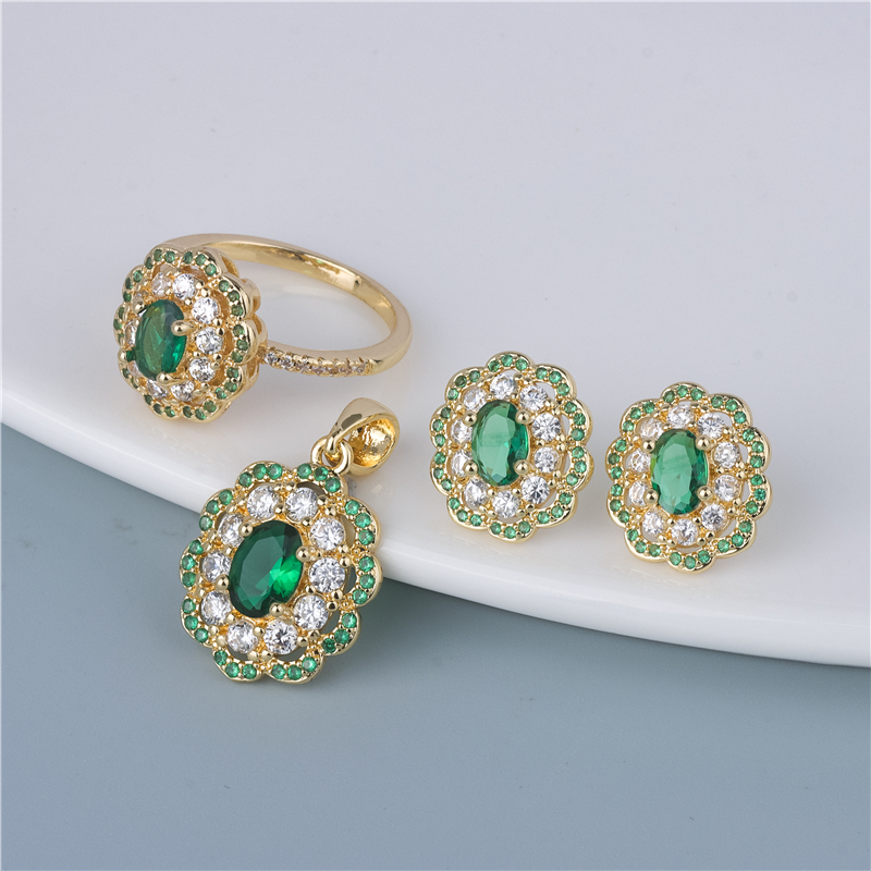 Gold-Plated Emerald Oval Jewelry Set - 3 Piece Halo Design Ring, Earrings & Pendant Necklace Gold-Plated Emerald Oval Jewelry Set - 3 Piece Halo Design Ring, Earrings & Pendant Necklace