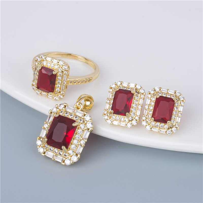 Gold-Plated Ruby Emerald-Cut Set - 3 Piece Ring, Earrings & Pendant in Deep Red, Royal Jewelry Set Gold-Plated Ruby Emerald-Cut Set - 3 Piece Ring, Earrings & Pendant in Deep Red, Royal Jewelry Set