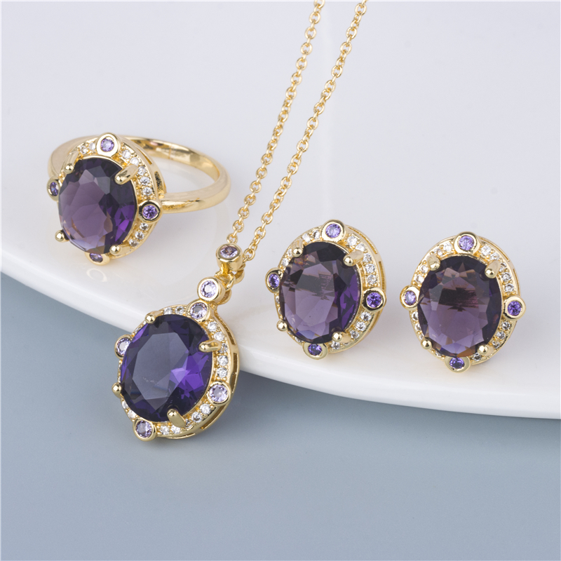 Gold-Plated Amethyst Jewelry Set - Purple 3 Piece Ring, Earrings & Pendant Necklace, Regal Gift Set Gold-Plated Amethyst Jewelry Set - Purple 3 Piece Ring, Earrings & Pendant Necklace, Regal Gift Set