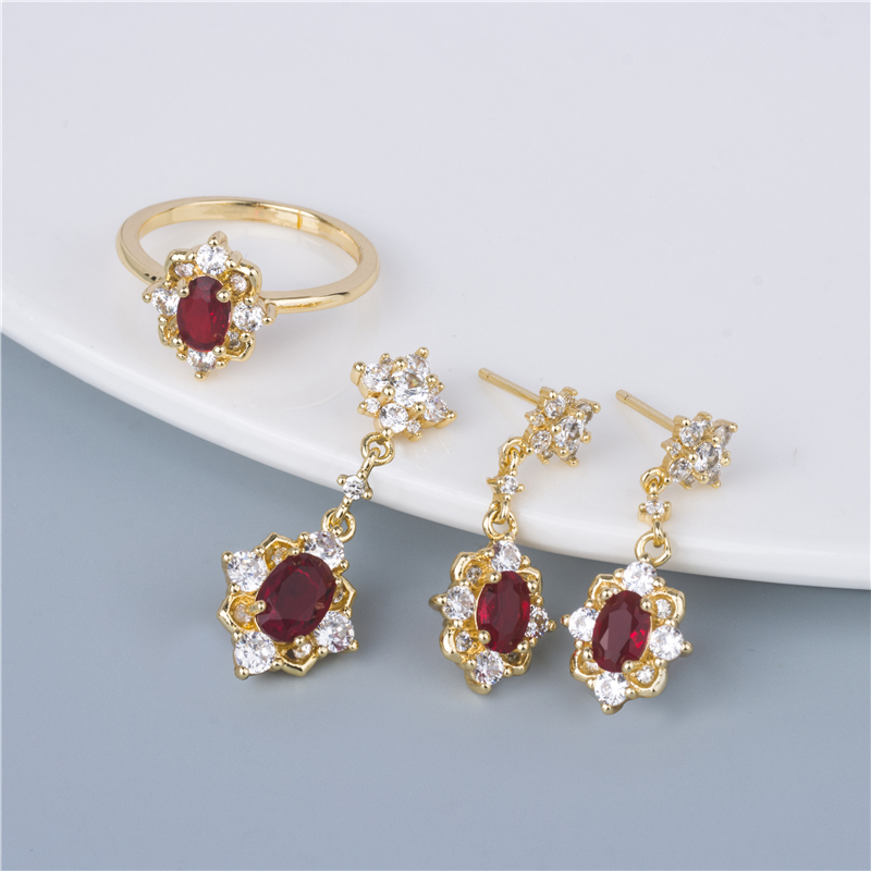 Gold-Plated Ruby Drop Jewelry Set - Red Teardrop Earrings & Ring, Romantic Evening Set Gold-Plated Ruby Drop Jewelry Set - Red Teardrop Earrings & Ring, Romantic Evening Set