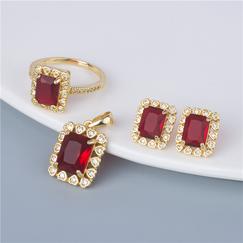 Gold-Plated Red Emerald-Cut Set - 3 Piece Ring, Earrings & Pendant, Classic Red Statement Set Gold-Plated Red Emerald-Cut Set - 3 Piece Ring, Earrings & Pendant, Classic Red Statement Set