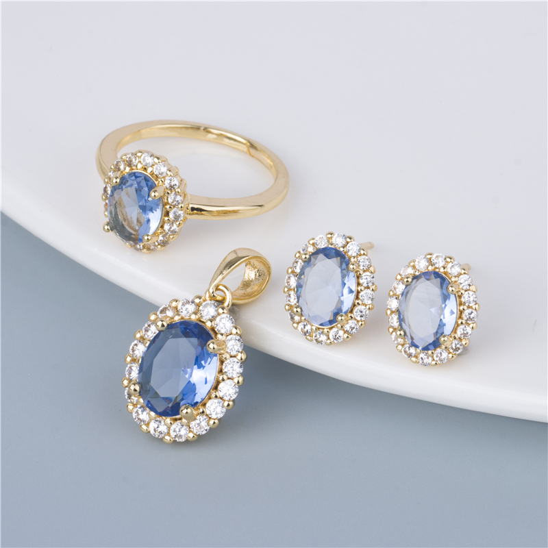 Gold-Plated Blue Oval Jewelry Set - 3 Piece Ring, Earrings & Pendant, Serene Sky Blue Set Gold-Plated Blue Oval Jewelry Set - 3 Piece Ring, Earrings & Pendant, Serene Sky Blue Set
