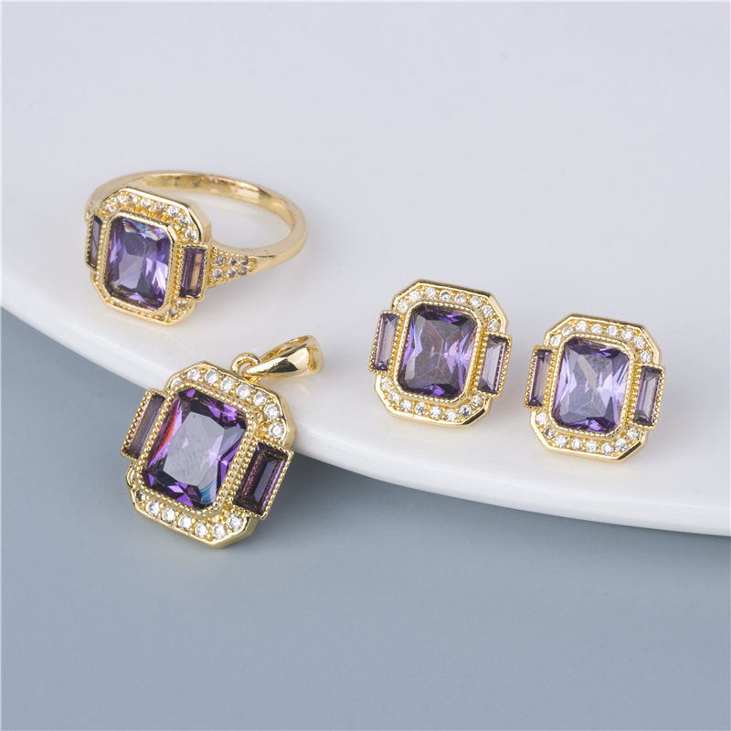Gold-Plated Purple Emerald-Cut Set - 3 Piece Ring, Earrings & Pendant, Amethyst Drama Set Gold-Plated Purple Emerald-Cut Set - 3 Piece Ring, Earrings & Pendant, Amethyst Drama Set