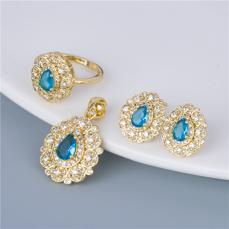 Gold-Plated Blue Teardrop Jewelry Set - 3 Piece Ring, Earrings & Pendant, Ocean Blue Gift Set Gold-Plated Blue Teardrop Jewelry Set - 3 Piece Ring, Earrings & Pendant, Ocean Blue Gift Set