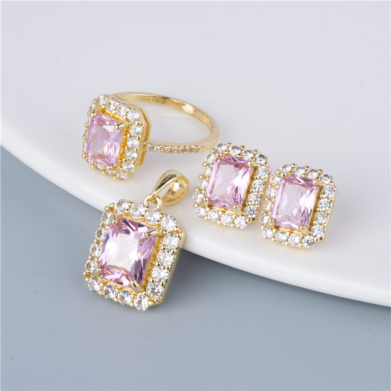 Gold-Plated Pink Square Jewelry Set - 3 Piece Ring, Earrings & Pendant, Sweet Rose Gift Set Gold-Plated Pink Square Jewelry Set - 3 Piece Ring, Earrings & Pendant, Sweet Rose Gift Set