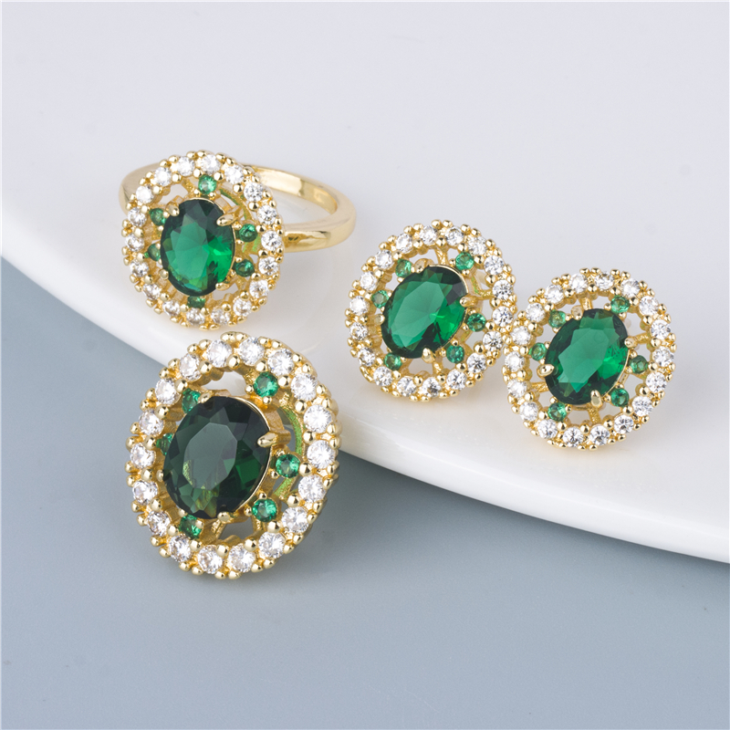 Gold-Plated Green Oval Jewelry Set - 3 Piece Flower Halo Ring, Earrings & Pendant, Emerald Gift Set Gold-Plated Green Oval Jewelry Set - 3 Piece Flower Halo Ring, Earrings & Pendant, Emerald Gift Set