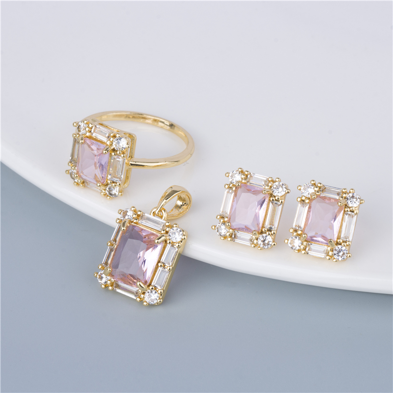 Gold-Plated Pink Emerald-Cut Set - 3 Piece Ring, Earrings & Pendant, Blush Sophisticate Set Gold-Plated Pink Emerald-Cut Set - 3 Piece Ring, Earrings & Pendant, Blush Sophisticate Set