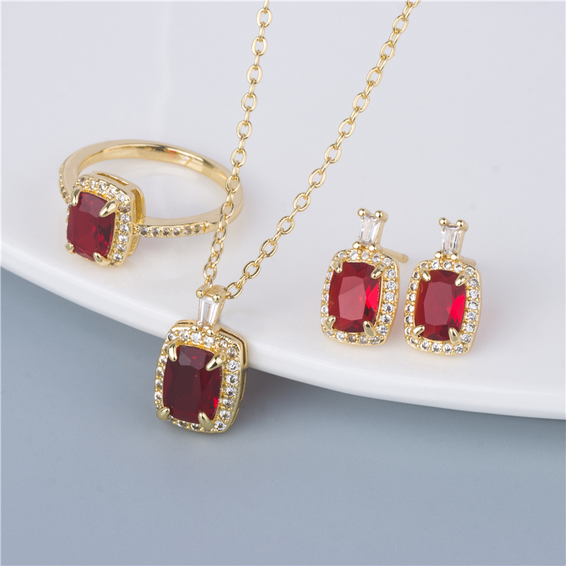 Gold-Plated Ruby Jewelry Set - 3 Piece Ring, Earrings & Pendant Necklace, Timeless Red Gift Set Gold-Plated Ruby Jewelry Set - 3 Piece Ring, Earrings & Pendant Necklace, Timeless Red Gift Set