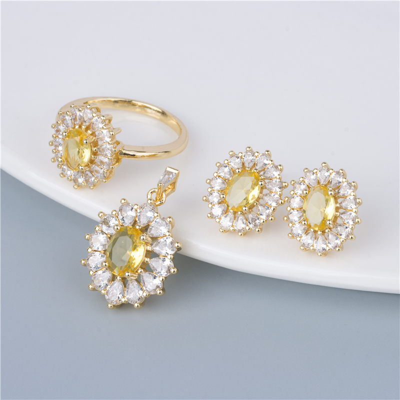 Gold-Plated Lemon Oval Jewelry Set - 3 Piece Yellow & White Cluster Ring, Earrings & Pendant Gold-Plated Lemon Oval Jewelry Set - 3 Piece Yellow & White Cluster Ring, Earrings & Pendant