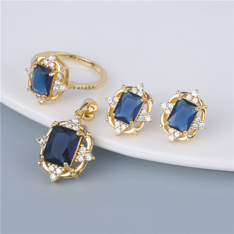 Gold-Plated Navy Emerald-Cut Set - 3 Piece Ring, Earrings & Pendant in Midnight Blue, Evening Luxury Gold-Plated Navy Emerald-Cut Set - 3 Piece Ring, Earrings & Pendant in Midnight Blue, Evening Luxury