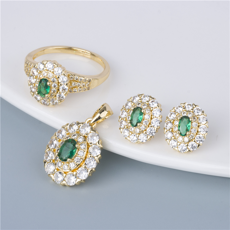 Gold-Plated Green Cluster Jewelry Set - 3 Piece Oval Ring, Earrings & Pendant with Pavé Petals Gold-Plated Green Cluster Jewelry Set - 3 Piece Oval Ring, Earrings & Pendant with Pavé Petals