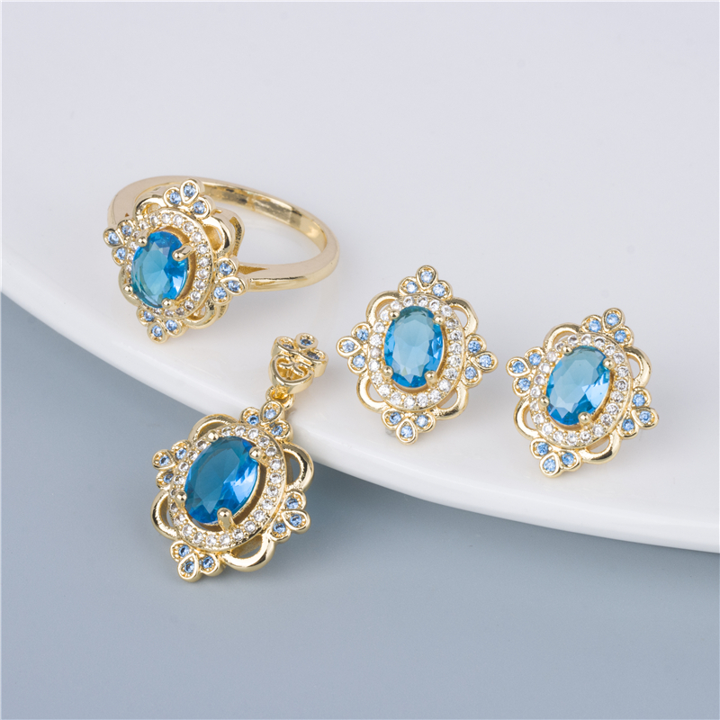 Gold-Plated Royal Blue Jewelry Set - 3 Piece Ornate Ring, Earrings & Pendant, Deep Blue Luxury Gold-Plated Royal Blue Jewelry Set - 3 Piece Ornate Ring, Earrings & Pendant, Deep Blue Luxury