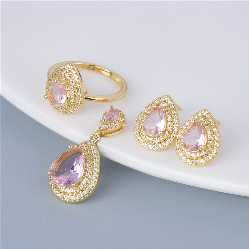 Gold-Plated Pink Pear Set - 3 Piece Teardrop Ring, Earrings & Pendant, Blush Dream Set Gold-Plated Pink Pear Set - 3 Piece Teardrop Ring, Earrings & Pendant, Blush Dream Set