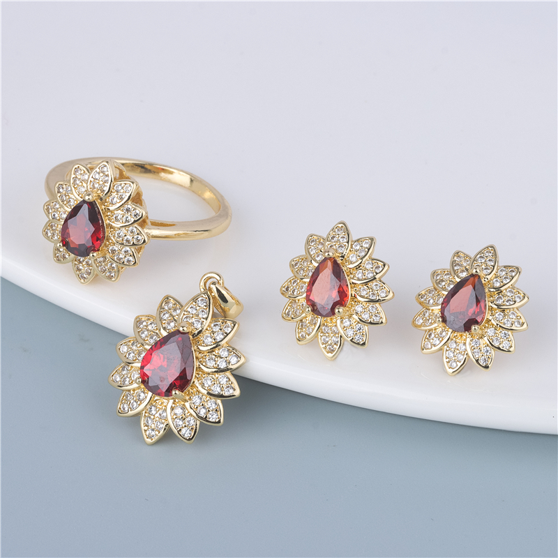 Gold-Plated Pink Marquise Set - 3 Piece Flower Ring, Earrings & Pendant, Petal Pink Gift Set Gold-Plated Pink Marquise Set - 3 Piece Flower Ring, Earrings & Pendant, Petal Pink Gift Set