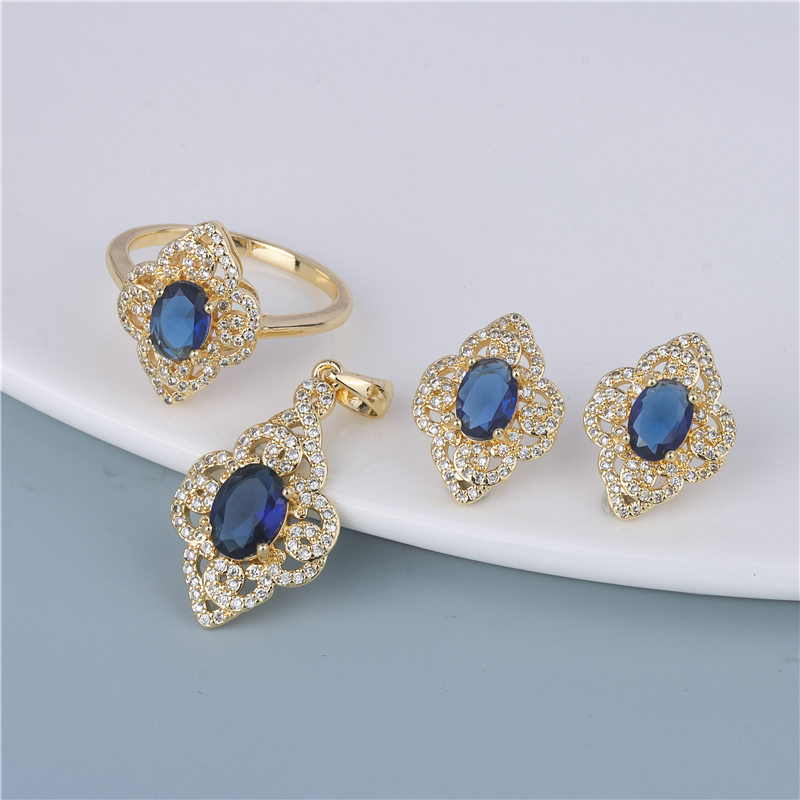 Gold-Plated Sapphire Cluster Set - 3 Piece Blue Ring, Earrings & Pendant with Pavé Petals Gold-Plated Sapphire Cluster Set - 3 Piece Blue Ring, Earrings & Pendant with Pavé Petals