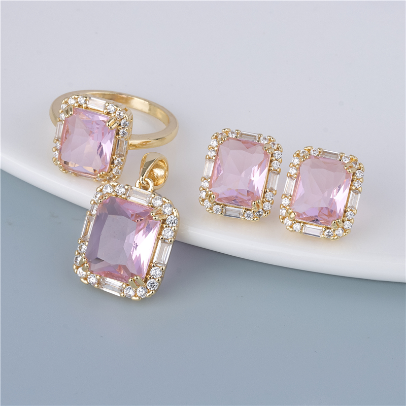 Gold-Plated Blush Square Set - 3 Piece Pink Ring, Earrings & Pendant, Powder Pink Elegance Gold-Plated Blush Square Set - 3 Piece Pink Ring, Earrings & Pendant, Powder Pink Elegance