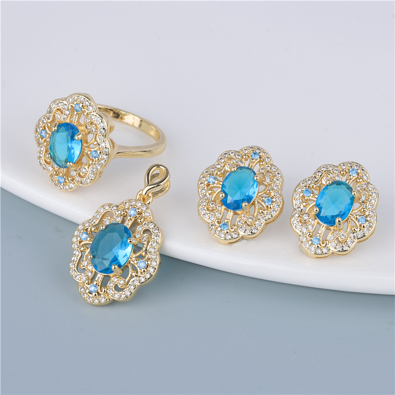 Gold-Plated Ocean Blue Set - 3 Piece Oval Cluster Ring, Earrings & Pendant, Turquoise Blue Gift Gold-Plated Ocean Blue Set - 3 Piece Oval Cluster Ring, Earrings & Pendant, Turquoise Blue Gift