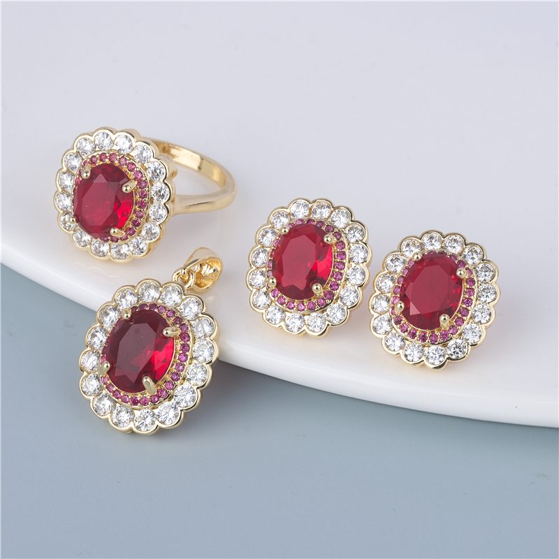 Gold-Plated Ruby Oval Set - 3 Piece Red Ring, Earrings & Pendant with Flower Halos Gold-Plated Ruby Oval Set - 3 Piece Red Ring, Earrings & Pendant with Flower Halos