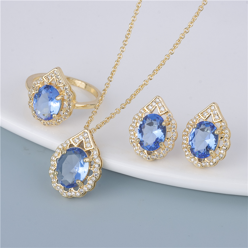 Gold-Plated Blue Pear Necklace Set - Blue Teardrop Pendant & Drop Earrings, Bridal Blue Duo Gold-Plated Blue Pear Necklace Set - Blue Teardrop Pendant & Drop Earrings, Bridal Blue Duo
