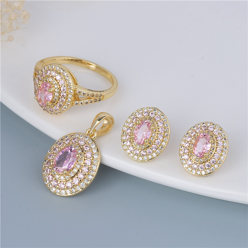 Gold-Plated Rose Oval Set - 3 Piece Pink Ring, Earrings & Pendant with Pavé Petal Frames Gold-Plated Rose Oval Set - 3 Piece Pink Ring, Earrings & Pendant with Pavé Petal Frames