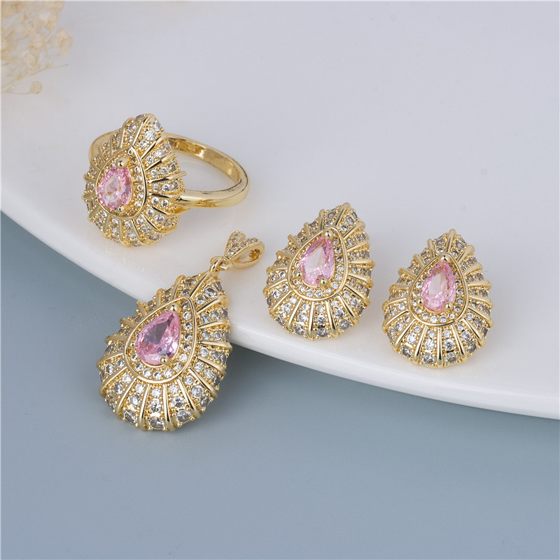 Gold-Plated Pink Teardrop Set - Blush Drop Earrings & Ring, Sweet Rose Duo for Women Gold-Plated Pink Teardrop Set - Blush Drop Earrings & Ring, Sweet Rose Duo for Women