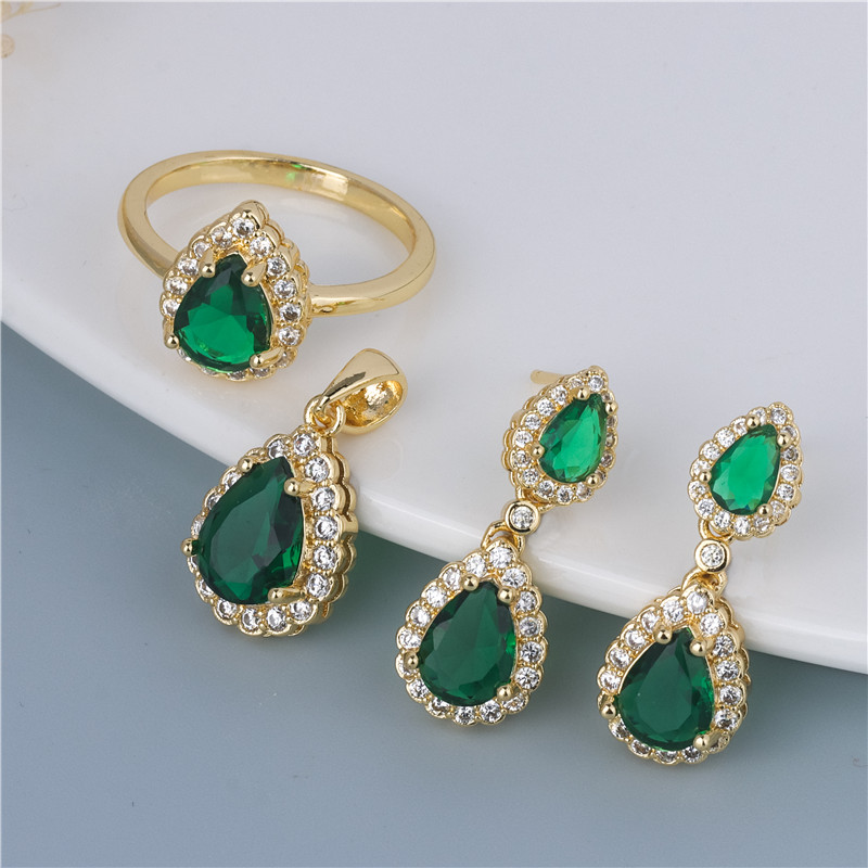 Gold-Plated Green Teardrop Set - Emerald Drop Earrings & Ring, Fresh Botanical Duo Gold-Plated Green Teardrop Set - Emerald Drop Earrings & Ring, Fresh Botanical Duo