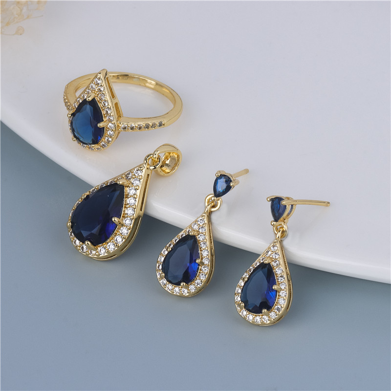 Gold-Plated Navy Pear Set - Midnight Drop Earrings & Ring, Deep Blue Evening Duo Gold-Plated Navy Pear Set - Midnight Drop Earrings & Ring, Deep Blue Evening Duo