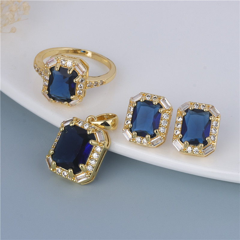 Gold-Plated Midnight Square Set - Navy Emerald-Cut Earrings & Ring, Power Evening Duo Gold-Plated Midnight Square Set - Navy Emerald-Cut Earrings & Ring, Power Evening Duo