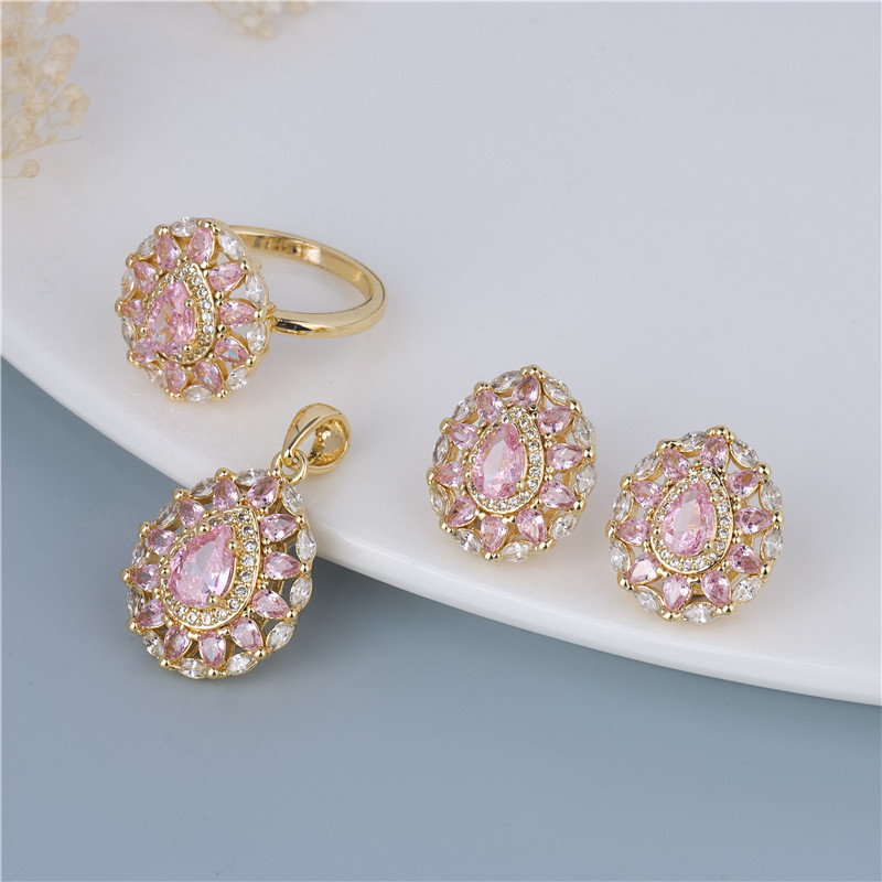 Gold-Plated Blush Oval Set - Pink Oval Earrings & Ring with Pavé Petals, Rosy Duo Gold-Plated Blush Oval Set - Pink Oval Earrings & Ring with Pavé Petals, Rosy Duo
