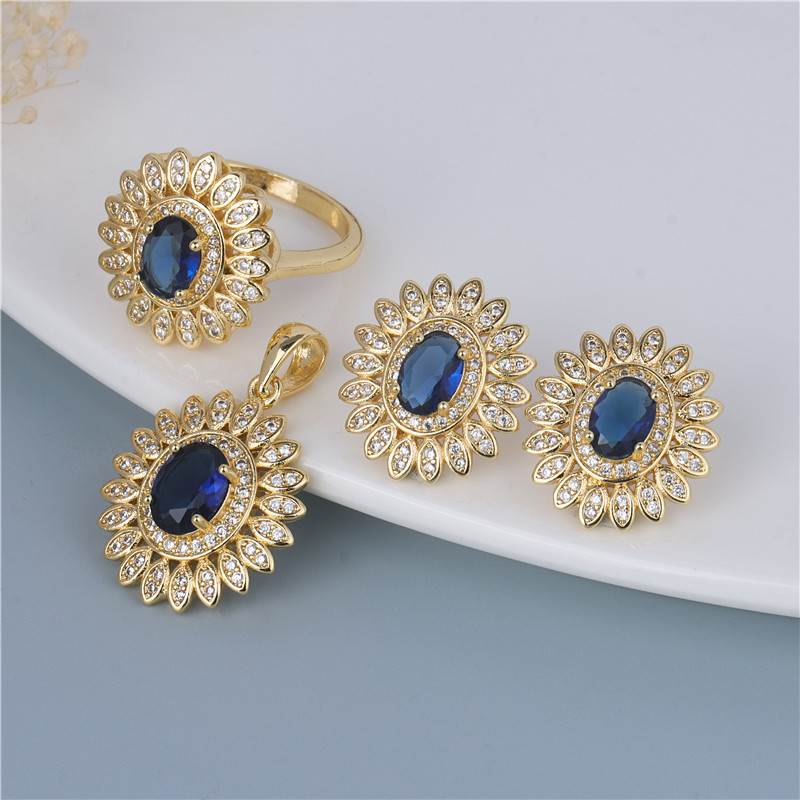 Gold-Plated Blue Flower Set - Sapphire Petal Earrings & Ring, Cornflower Duo for Women Gold-Plated Blue Flower Set - Sapphire Petal Earrings & Ring, Cornflower Duo for Women