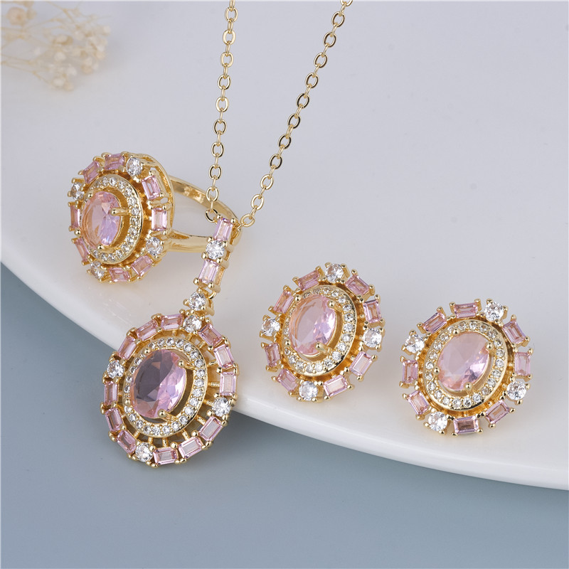 Gold-Plated Pink Necklace Set - Rose Pendant & Earrings on Fine Chain, Sweet Gift Duo Gold-Plated Pink Necklace Set - Rose Pendant & Earrings on Fine Chain, Sweet Gift Duo