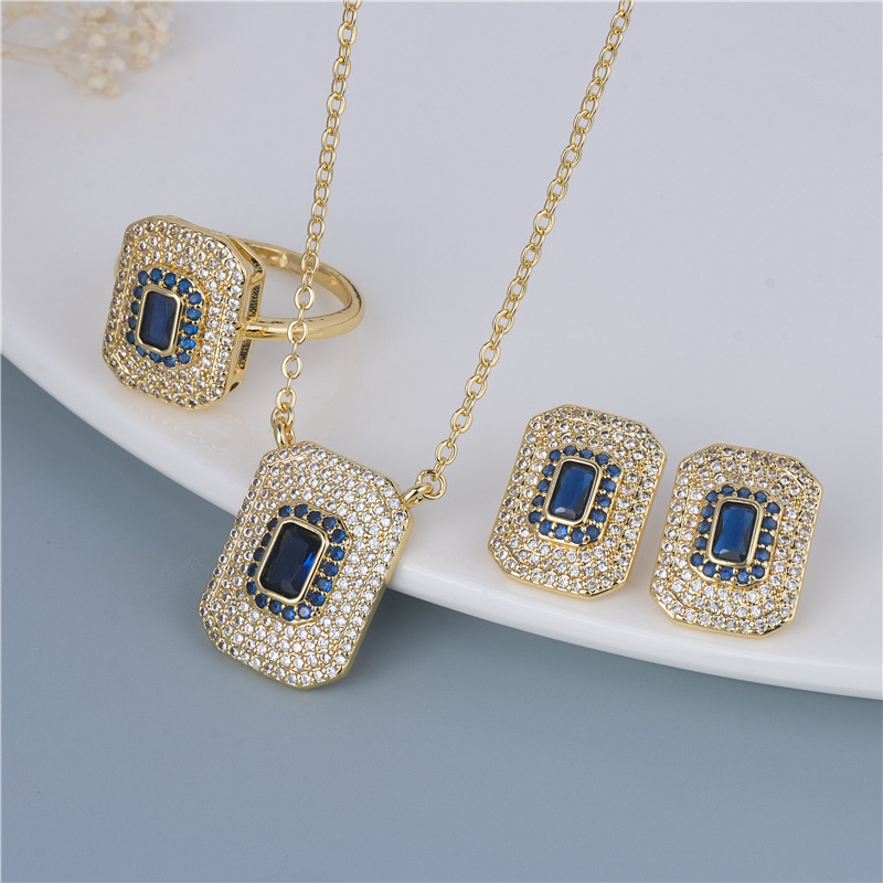 Gold-Plated Navy Square Set - 3 Piece Emerald-Cut Necklace, Earrings & Ring, Statement Blue Gold-Plated Navy Square Set - 3 Piece Emerald-Cut Necklace, Earrings & Ring, Statement Blue