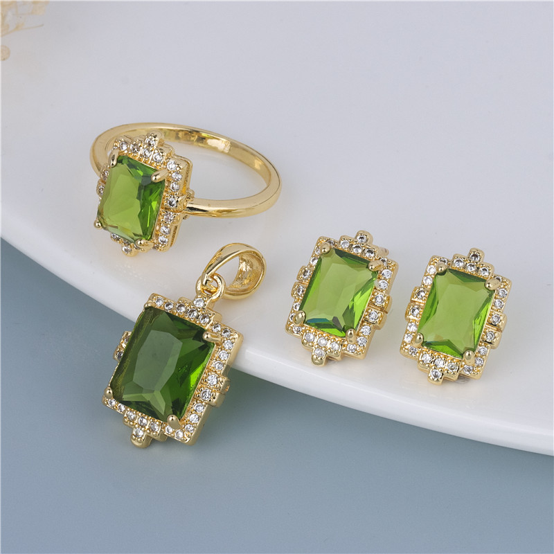 Gold-Plated Peridot Emerald-Cut Set - 3 Piece Green Ring, Earrings & Pendant, Harvest Luxury Gold-Plated Peridot Emerald-Cut Set - 3 Piece Green Ring, Earrings & Pendant, Harvest Luxury
