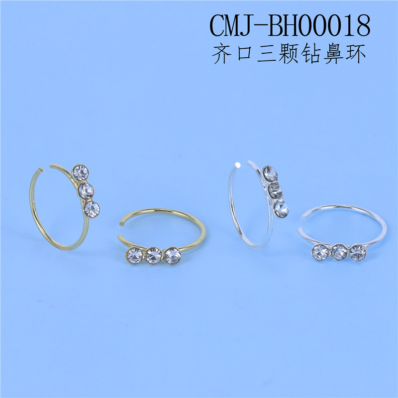 Three CZ Nose Hoop - Flush-End Copper Nose Ring with Crystal Trio for Women, 2 Tones Three CZ Nose Hoop - Flush-End Copper Nose Ring with Crystal Trio for Women, 2 Tones