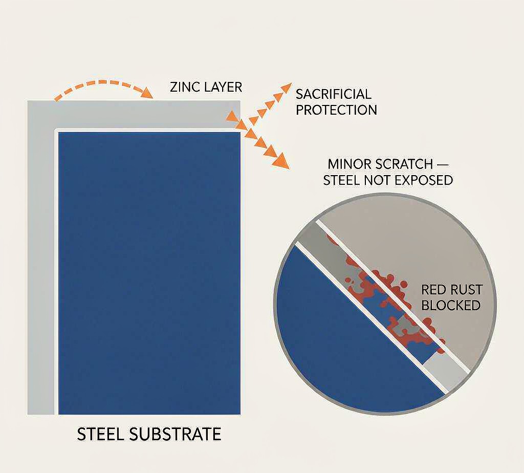 Hot-dip galvanizing — the zinc layer sacrificially protects the steel, so minor scratches do not expose the substrate