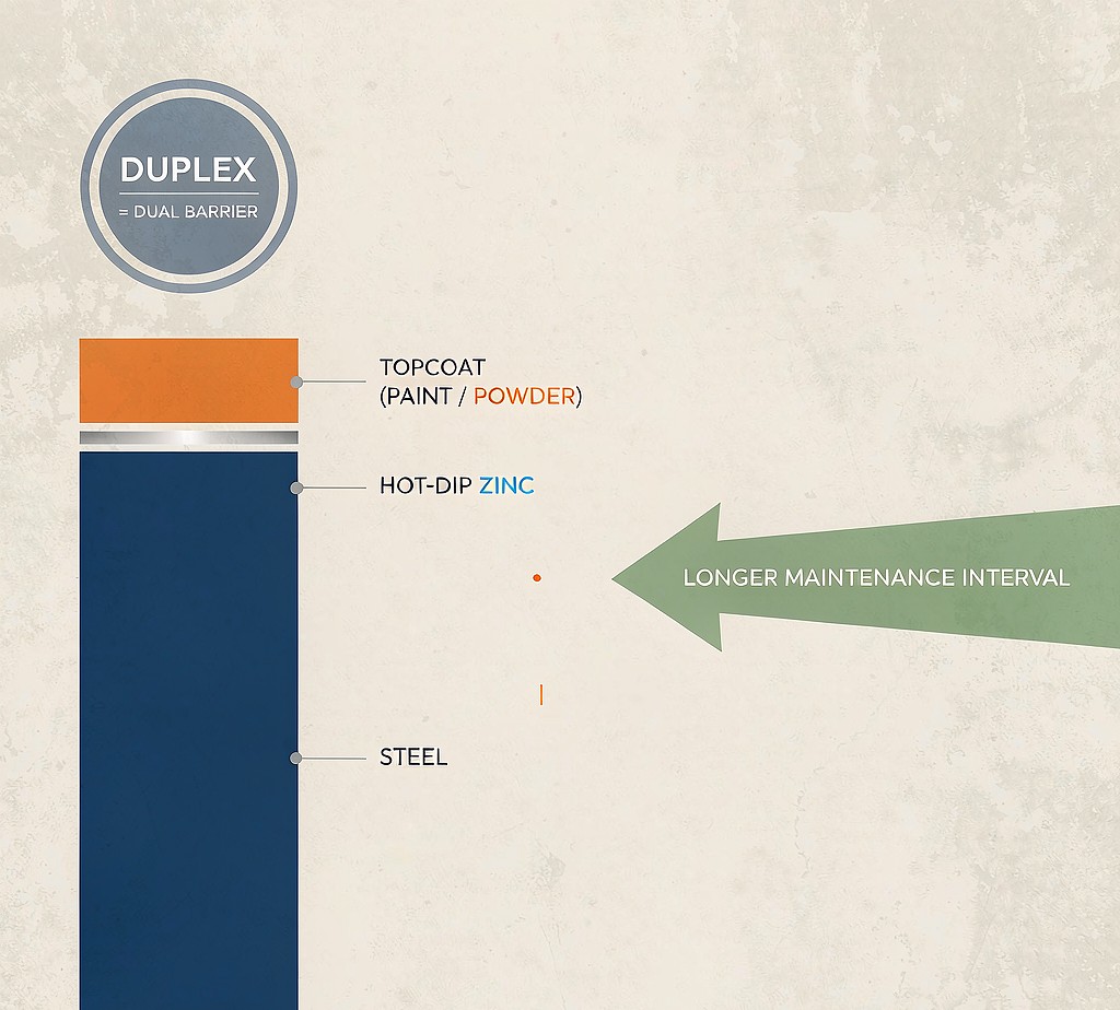 Duplex system — hot-dip zinc plus a topcoat forms a dual barrier and extends the maintenance interval