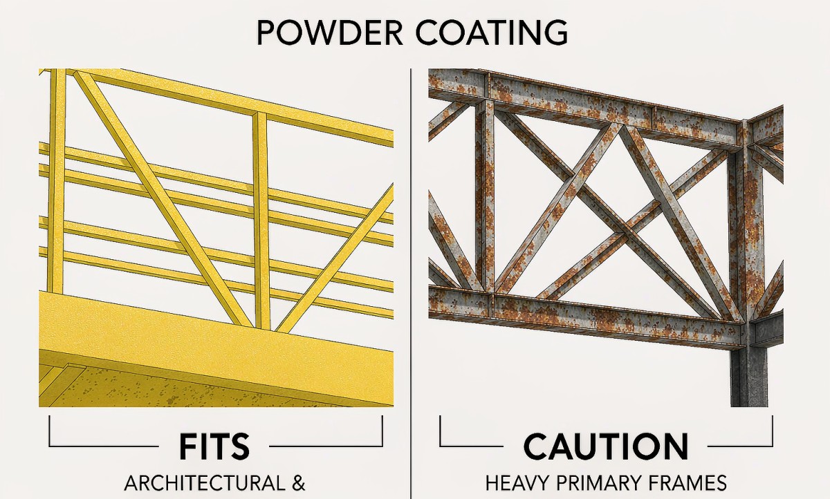Powder coating fits architectural and secondary steel; caution on heavy primary frames in severe exposure