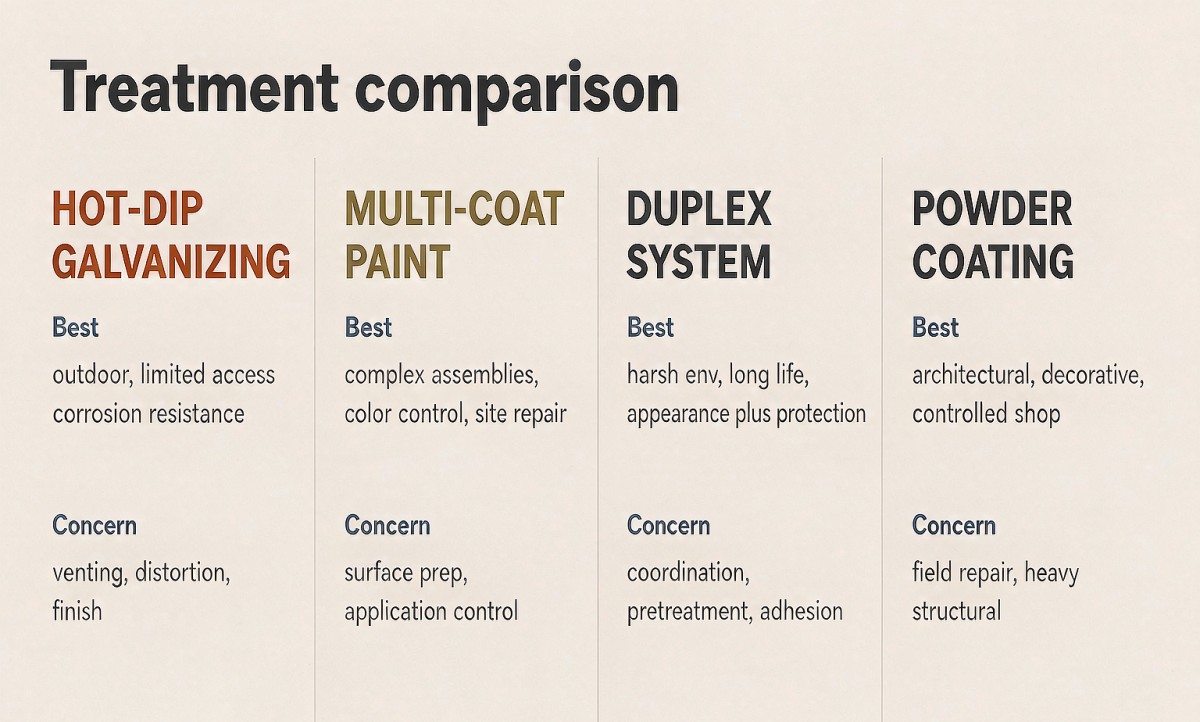 At-a-glance comparison of the four treatment methods — best-fit conditions vs main concerns