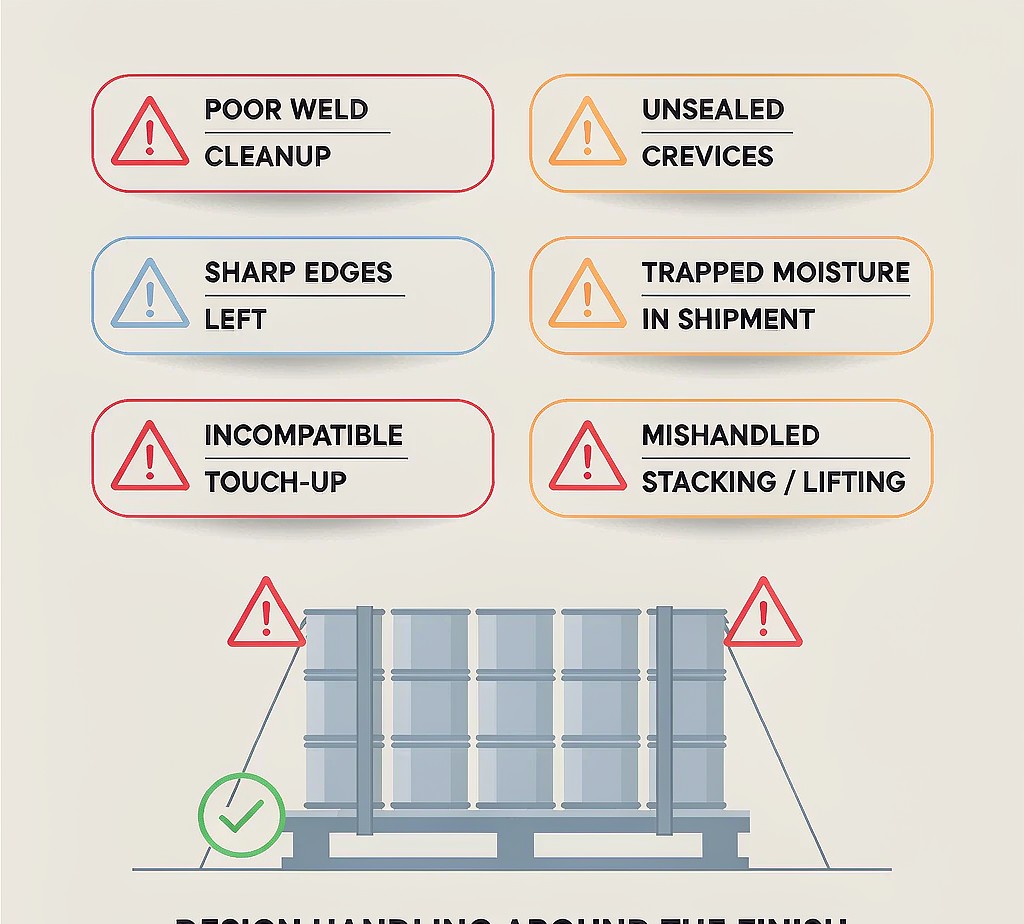 Common procedural mistakes — weld cleanup, crevices, sharp edges, trapped moisture, touch-up, and handling damage