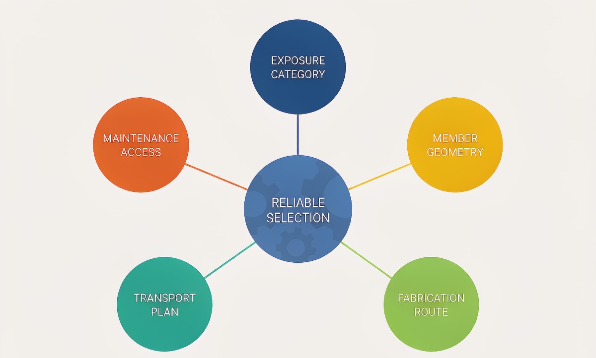 Reliable selection framework — exposure, geometry, fabrication route, transport plan, and maintenance access drive the choice
