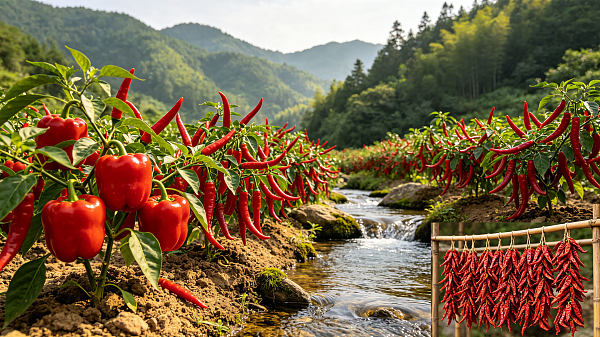 Guizhou is located on the high-altitude, pristine Yunnan-Guizhou Plateau, where mountain forests are isolated from industrial pollution. Clear mountain spring water, slightly acidic sandy soil, and diffused sunlight work together to nurture distinctive peppers with rich layers of flavor. The plump and rounded lantern peppers have thick flesh and a mellow, mildly spicy flavor, making them suitable for preparing ciba chili paste. The slender Erjingtiao peppers deliver a powerful spicy kick and a rich fresh-pepper aroma. Fresh peppers are harvested in batches at different times and dried slowly using the traditional string-hanging method, maximizing the preservation of their original fresh and spicy flavor.