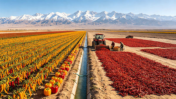Xinjiang is located in the golden pepper-growing belt at 43° north latitude in northern Xinjiang. The Gobi region enjoys exceptionally long sunlight hours throughout the year, significant day-night temperature differences, and pure, pollution-free snowmelt water. Long-line peppers have exceptionally high red pigment content, bright and translucent skin, and firm, plump flesh. Large-fruited bell peppers have a substantial shape and thick flesh, with a sweet and mildly spicy flavor when eaten fresh. The base uses an integrated process combining manual assistance and mechanical harvesting. After harvesting, the peppers are laid flat and naturally sun-dried in the Gobi sunlight for more than thirty days, followed by centralized mechanical destemming and sorting, ensuring uniform color and stable quality.
