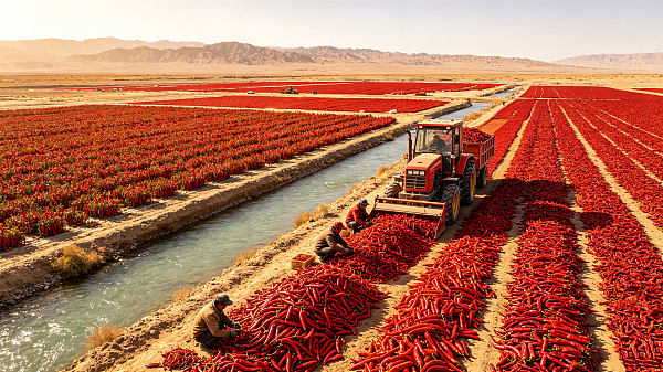 Gansu spans the Hexi Corridor and the Weihe River Valley, lying within the golden cultivation belt at 38° north latitude. It enjoys exceptionally long sunlight hours throughout the year, substantial day-night temperature differences, and clean soil and irrigation water from tributaries of the Yellow River. The base specializes in two varieties: Gangu Qicun Red and Jinchuan Red Chili. Qicun Red has thick flesh, a rich but non-aggressive aroma, and abundant oil content, making it an excellent choice for chili oil. Hexi long-line peppers have a bright red color and notably high dry-matter and pigment content. The peppers are harvested mechanically across connected fields, naturally sun-dried outdoors in the Gobi Desert, and manually graded and screened at a later stage, resulting in firm, durable dried peppers.