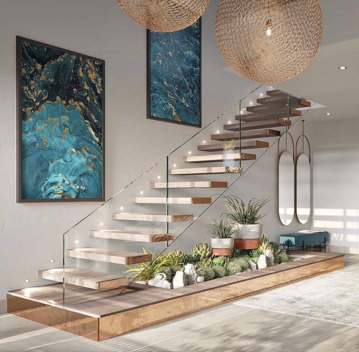 Modern customized floating stairs with marble treads, stylish and simple floating stairs