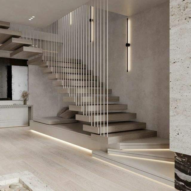 Modern customized floating stairs with marble treads, stylish and simple floating stairs