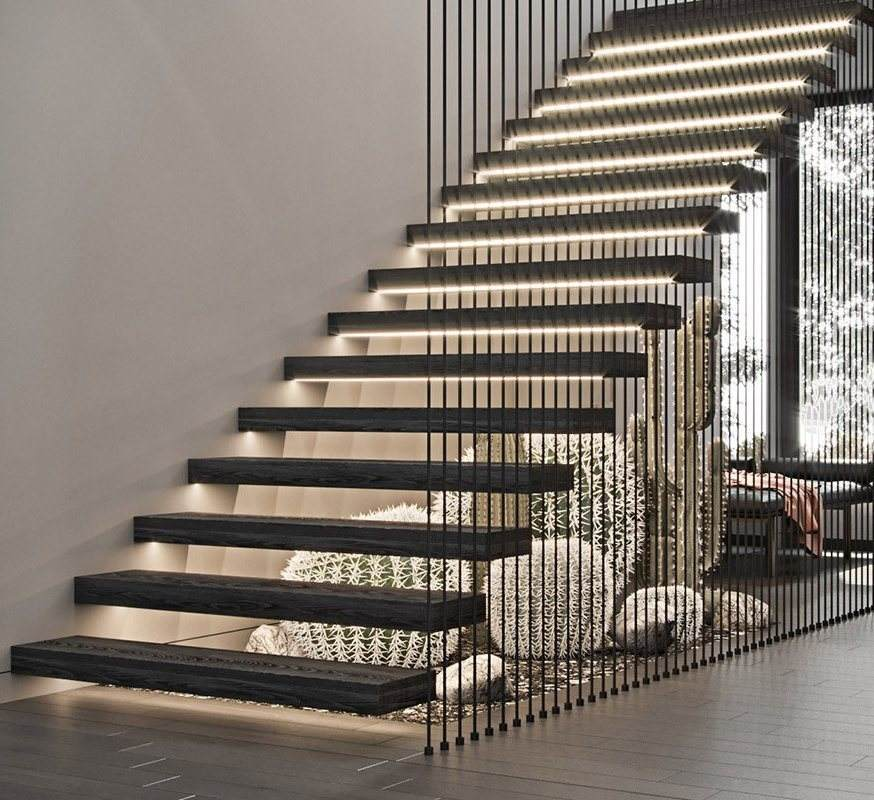 Modern floating staircase with LED lighting, step illumination, ambient light function, customized design, wooden tread
