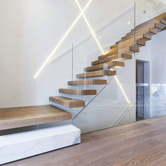 Modern floating staircase with LED lighting, step illumination, ambient light function, customized design, wooden tread